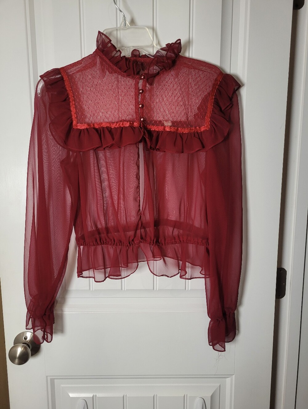 Vintage 1970 Sheer Burgundy Ruffle Long-Sleeve Blouse - Women's.